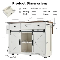 Farmhouse Kitchen Island with 2 Sliding Barn Doors, Power Outlet, Drop Leaf, Spice Rack, Rolling Cart on Wheels, 54" L x 29" W x 37" H, White(m-3)