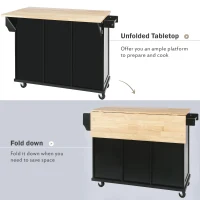 Kitchen Cart with 5 Wheels, 3 Drawers, Storage Cabinets, Central Island with Rubberwood Drop-Leaf Countertop, 53" L x 29.5" W x 37" H, Black(m-7)