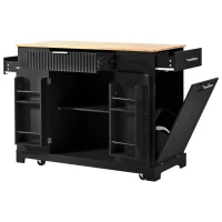 Fluted Kitchen Island with Trash Can Storage, Power Outlet, Internal Storage Rack, Rolling Design with 3 Drawers and Adjustable Shelves, Black(m-16)
