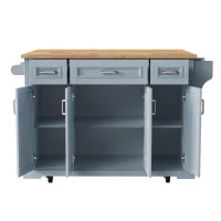 Kitchen Island Cart with Rubber Wood Drop Leaf, Embossed Texture, Adjustable Shelves, Hidden Wheels, 3 Drawers, 54" L x 29.5" W x 36" H, Grey+Blue(m-16)
