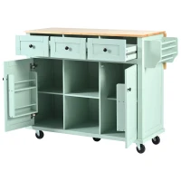 Kitchen Island Cart with 3 Drawers, 5 Wheels, Rubber Wood Drop-Leaf Countertop, Storage Cabinet, 53" L x 29.5" W x 37" H, Mint Green(m-14)
