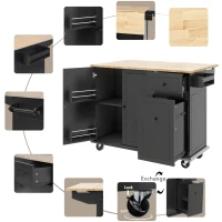 Kitchen Island with 3-Tier Pull-Out Cabinet Organizer, Wood Drop Leaf, Storage Racks, Rolling Cart on Wheels, 54" L x 29" W x 37" H, Black(m-8)