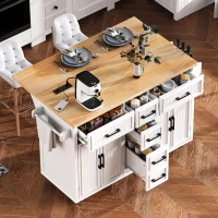 Kitchen Island with Drop Leaf and Power Outlet, Rolling Cart on Wheels, 4 Doors, Adjustable Shelves, Perfect for Kitchen and Dining Room, White(m-4)