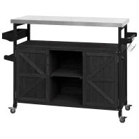 Outdoor Kitchen Island Cart, Rolling Bar Cart with Stainless Steel Top, Spice Rack, Towel Rack, Lockable Wheels, 50" L x 18.5" W x 36.5" H, Black(m-13)