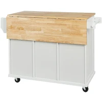 Kitchen Cart with 5 Wheels, 3 Drawers, Storage Cabinet, Central Island with Rubberwood Drop-Leaf Countertop, 53" L x 29.5" W x 37" H, White(m-16)
