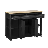 Kitchen Island with Extendable Dining Table, Rubber Wood Veneer, Internal Rack, Power Outlet, Drawers and Cabinets, 47" L x 33.5" W x 37" H, Black(m-15)