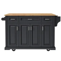 Kitchen Island Cart with Rubber Wood Drop Leaf, Embossed Texture, Rolling Cart with 4 Doors, 3 Drawers, Adjustable Shelves, Black(m-2)