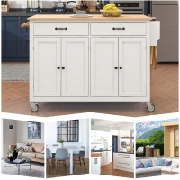 Kitchen Island Cart with 4-Door Cabinet, 2 Drawers, Solid Wood Top, Spice and Towel Racks, Locking Wheels, 54.5" L x 18.5" W x 36" H, White(m-8)