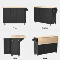Fluted Kitchen Island with Drop Leaf, Adjustable Shelves, Mobile and Stationary Options, Rolling Cart with Internal Storage, Towel Rack, Black(m-6)