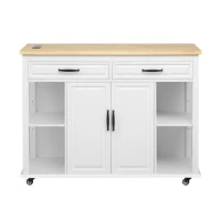 Kitchen Island with Extendable Dining Table, Rubber Wood Veneer, Internal Rack, Power Outlet, 2 Drawers, 2 Cabinets, 47" L x 33.5" W x 37" H, White(m-2)