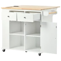 Kitchen Island with Power Outlet, Drop Leaf, Wine Rack, Adjustable Shelves, Utility Cart with Lockable Wheels, 40" L x 29.5" W x 34" H, White(m-13)