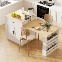 Kitchen Island with Extendable Table, Double-Sided Storage, Power Outlet, Adjustable Shelves, Lockable Wheels, 83" L x 27.5" W x 36" H, White Oak(m-11)