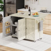 Kitchen Island Cart with Drop Leaf, Handwoven Ash Veneer Doors, Adjustable Shelves, and Lockable Wheels, 51" L x 29.5" W x 36" H, Champagne(m-10)