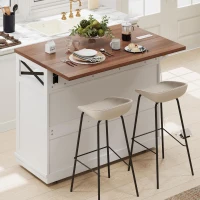 Farmhouse Kitchen Island Cart with Beaded Drape, Power Outlet, Drop Leaf, Rolling Wheels, 3 Doors, 3 Drawers, Adjustable Shelves, White(m-11)