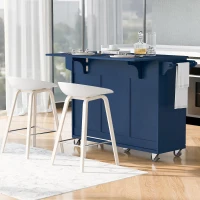 Kitchen Island with Drop Leaf, Rolling Cart with Spice and Towel Rack, 2 Drawers, Adjustable Shelves, 53.5" L x 27.5" W x 36.5" H, Navy Blue(m-11)