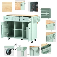 Kitchen Island Cart with 3 Drawers, 5 Wheels, Rubber Wood Drop-Leaf Countertop, Storage Cabinet, 53" L x 29.5" W x 37" H, Mint Green(m-8)