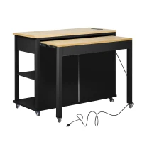 Kitchen Island with Extendable Dining Table, Rubber Wood Veneer, Internal Rack, Power Outlet, Drawers and Cabinets, 47" L x 33.5" W x 37" H, Black(m-14)