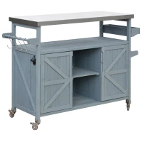 Outdoor Kitchen Island with Spice and Towel Rack, Lockable Wheels, Rolling Bar Cart with Stainless Steel Top, 50" L x 18.5" W x 36.5" H, Slate Blue(m-15)