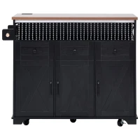 Farmhouse Kitchen Island Cart with Beaded Drape, Power Outlet, Drop Leaf, Adjustable Shelves, Perfect for Kitchen and Dining Room, Black(m-2)