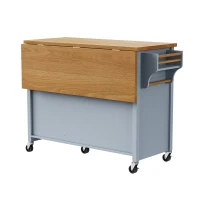 Kitchen Island with Drop Leaf, Towel Rack, 5 Drawers, Adjustable Shelf, Mobile Cart on Wheels with Spice Rack, 52" L x 29.5" W x 36" H, Blue+Grey(m-13)