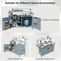 Outdoor Kitchen Island with Raised Shelf, Storage Cabinet, Stainless Steel Top, Rolling Grill Cart with Adjustable Shelves, Spice Rack, Grey+Blue(m-5)