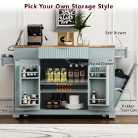 Fluted Kitchen Island with Trash Can Storage, Power Outlet, Adjustable Shelves, 3 Drawers, 3 Side Racks, 48.5" L x 20.5" W x 36.5" H, Gray+Blue(m-4)