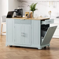 Fluted Kitchen Island with Trash Can Storage, Power Outlet, Adjustable Shelves, 3 Drawers, 3 Side Racks, 48.5" L x 20.5" W x 36.5" H, Gray+Blue(m-1)