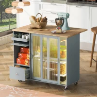 Kitchen Island with Wood Drop Leaf, LED Light, Fluted Glass Doors, Adjustable Shelf, Utility Cart with Rolling Wheels, 44" L x 27" W x 37" H, Blue(m-9)