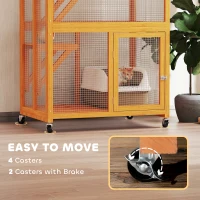 PawHut 74" Wooden Outdoor Cat House Weatherproof & Wheeled with High Weight Capacity, Kitten Cage Condo, Orange(m-6)