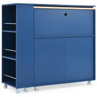 LED Kitchen Island with Extended Table, Power Outlets, Storage Shelves, Utility Cart with Fluted Glass Doors, 56.5" L x 33" W x 38" H, Navy Blue(m-15)