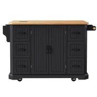 Rolling Kitchen Island Cart with Drop Leaf, Power Outlet, 4 Door Shelves, 6 Drawers, Adjustable Shelves, Spice Rack, 55.5" L x 30" W x 36" H, Black(m-2)