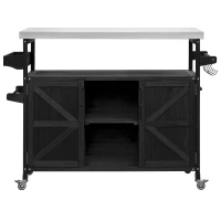 Outdoor Kitchen Island Cart, Rolling Bar Cart with Stainless Steel Top, Spice Rack, Towel Rack, Lockable Wheels, 50" L x 18.5" W x 36.5" H, Black(m-2)