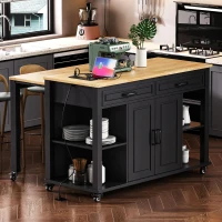 Kitchen Island with Extendable Dining Table, Rubber Wood Veneer, Internal Rack, Power Outlet, Drawers and Cabinets, 47" L x 33.5" W x 37" H, Black(m-1)