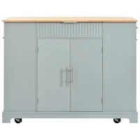 Fluted Kitchen Island with Trash Can Storage, Power Outlet, Adjustable Shelves, 3 Drawers, 3 Side Racks, 48.5" L x 20.5" W x 36.5" H, Gray+Blue(m-14)