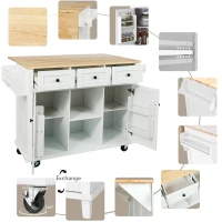 Kitchen Cart with 5 Wheels, 3 Drawers, Storage Cabinet, Central Island with Rubberwood Drop-Leaf Countertop, 53" L x 29.5" W x 37" H, White(m-8)