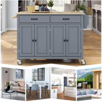 Kitchen Island Cart with 4-Door Cabinet, 2 Drawers, Solid Wood Top, Locking Wheels, Spice and Towel Racks, 54.5" L x 18.5" W x 36" H, Blue(m-8)