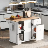 Kitchen Island with 3-Tier Pull-Out Cabinet Organizer, Drop Leaf, Internal Storage Rack, Rolling Cart on Wheels, 54" L x 29" W x 37" H, White(m-11)