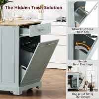 Fluted Kitchen Island with Trash Can Storage, Power Outlet, Adjustable Shelves, 3 Drawers, 3 Side Racks, 48.5" L x 20.5" W x 36.5" H, Gray+Blue(m-6)
