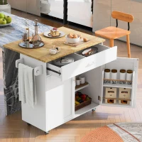 Rolling Kitchen Cart with Rubber Wood Top, Drawer with Dividers, Internal Storage Rack, Adjustable Shelves, 39" L x 26" W x 34" H, White(m-9)