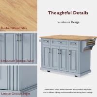 Kitchen Island Cart with Rubber Wood Drop Leaf, Embossed Texture, Adjustable Shelves, Hidden Wheels, 3 Drawers, 54" L x 29.5" W x 36" H, Grey+Blue(m-7)