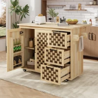 Kitchen Island with Drop Leaf, Drawers and Cabinets, Internal Rack, Power Outlet, Rolling Cart with Adjustable Shelf, 53" L x 29.5" W x 36" H, Natural(m-9)