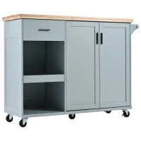 Kitchen Island Cart with Foldable Countertop, Adjustable Shelves, Towel Rack, Drawer, and Lockable Wheels, 49" L x 33.2" W x 37.5" H, Gray+Blue(m-15)