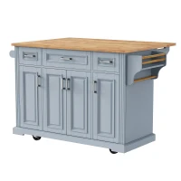Kitchen Island Cart with Rubber Wood Drop Leaf, Embossed Texture, Adjustable Shelves, Hidden Wheels, 3 Drawers, 54" L x 29.5" W x 36" H, Grey+Blue(m-15)