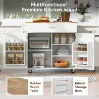 Rolling Kitchen Cart with Rubber Wood Top, Drawer with Dividers, Internal Storage Rack, Adjustable Shelves, 39" L x 26" W x 34" H, White(m-4)