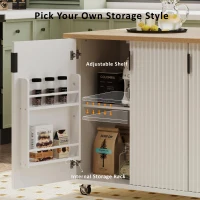 Fluted Kitchen Island with Drop Leaf, Internal Storage Rack, Rolling Kitchen Cart with Towel Rack, Adjustable Shelves, Smooth Curved Edge, White(m-9)