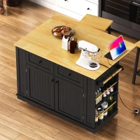 Kitchen Island with 2 Bar Stools, Power Outlet, Internal Rack, 5 Wheels, Drop Leaf, Adjustable Shelves, 2 Drawers, 48" L x 29.5" W x 37" H, Black(m-10)