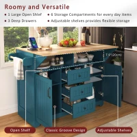 Kitchen Island Cart with Dual Drop Leaf, Rolling Design with Power Outlet, Adjustable Shelves, Spice and Towel Rack, 56" L x 34" W x 36.5" H, Green(m-4)