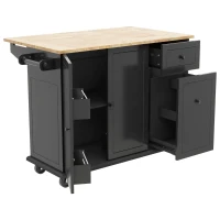 Kitchen Island with 3-Tier Pull-Out Cabinet Organizer, Wood Drop Leaf, Storage Racks, Rolling Cart on Wheels, 54" L x 29" W x 37" H, Black(m-2)