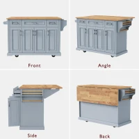Kitchen Island Cart with Rubber Wood Drop Leaf, Embossed Texture, Adjustable Shelves, Hidden Wheels, 3 Drawers, 54" L x 29.5" W x 36" H, Grey+Blue(m-6)