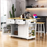 Kitchen Island with 2 Bar Stools, Power Outlet, Internal Rack, 5 Wheels, Drop Leaf, 2 Drawers, Adjustable Shelves, 48" L x 29.5" W x 37" H, White(m-11)